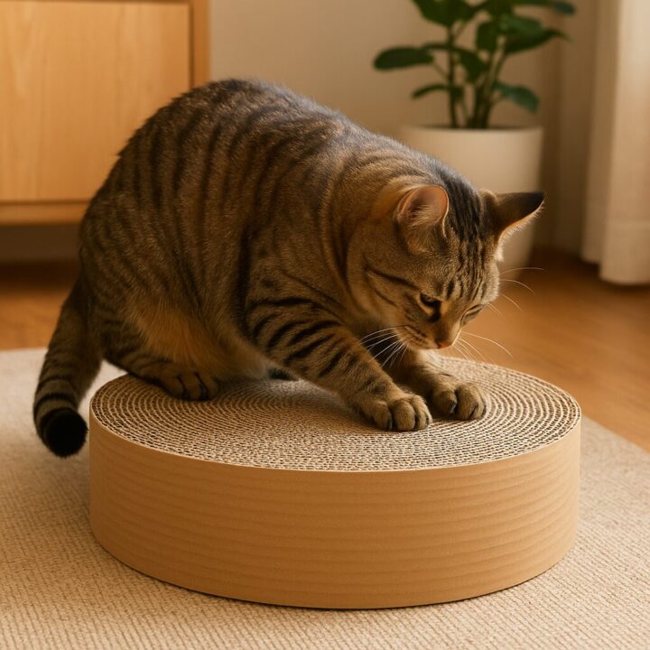 AI生成画像。ロール状の巻きダンボールの断面で猫が爪を研いでいるところ。