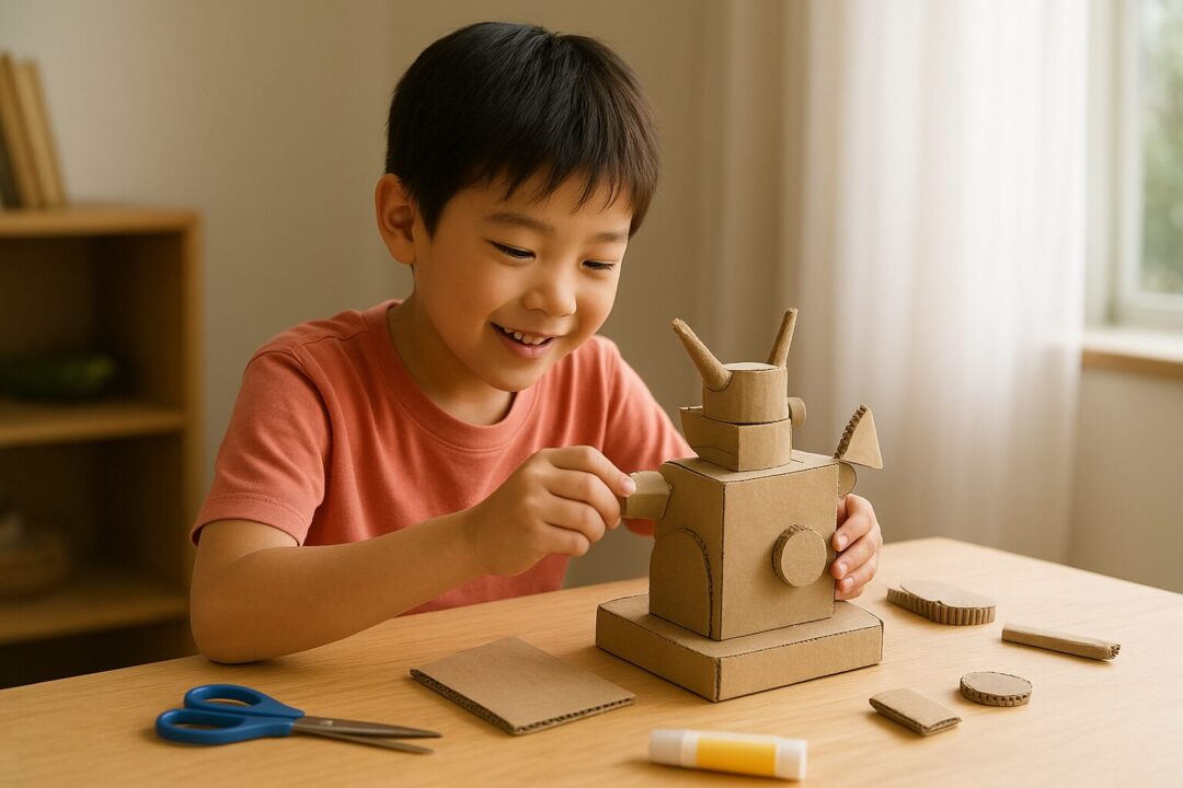 AI生成画像。子どもが巻きダンボールを使って工作をしているところ。
