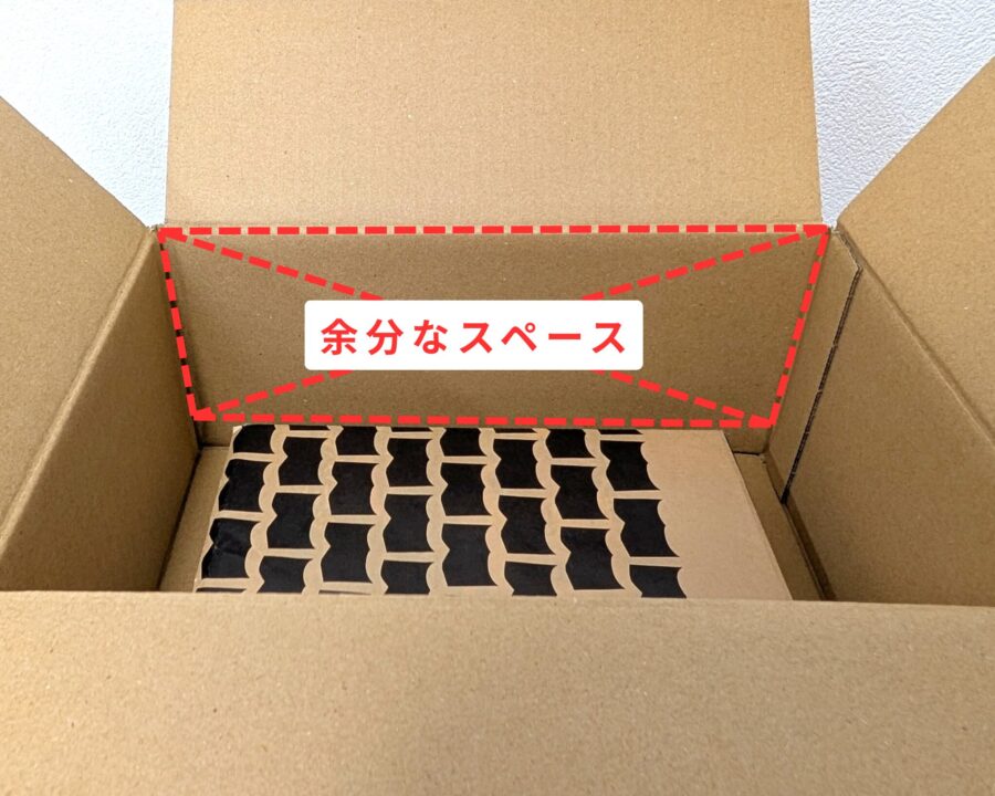 ダンボール箱に中身を入れた状態で余分なスペースがどのくらいあるのか点線を使って表している。
